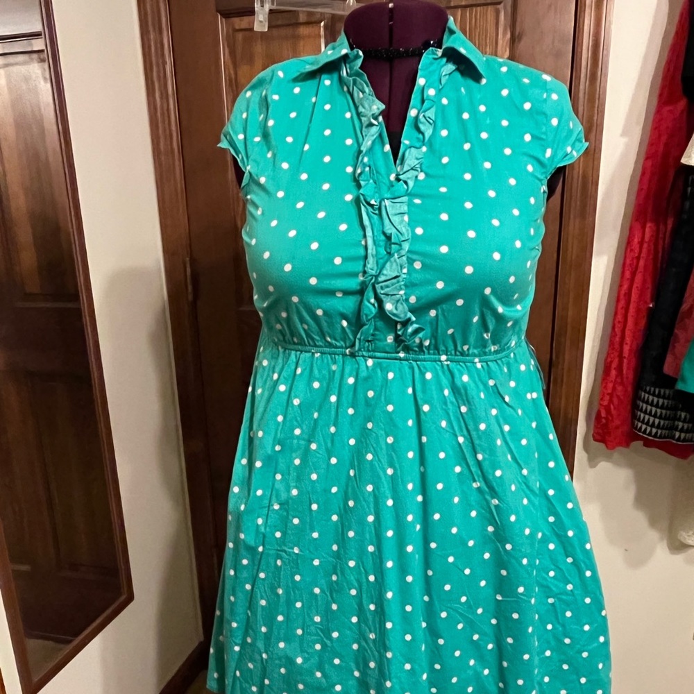 Teal polka-dot button down dress with capped sleeves size 1X